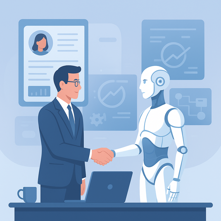 Illustration showing AI + human collaboration in HR